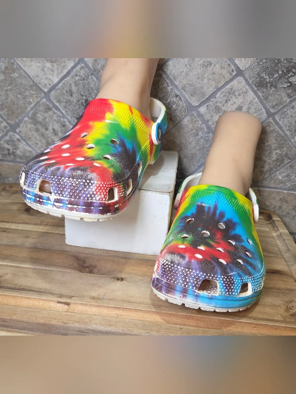 Crocs Baya Classic Tie Dye Unisex Clogs Slip On Shoes Multicolor White Sz W9 M7